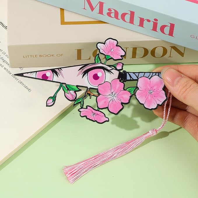 4-Piece Demon Slayer Metal Bookmark Set, Tanjiro Nezuko Zenitsu Hashira Themed Sword Book Marks with Cherry Blossom & Tassel, Cool Anime Eye Bookmarks Gift for Anime Fans, Book Lovers(4pc)