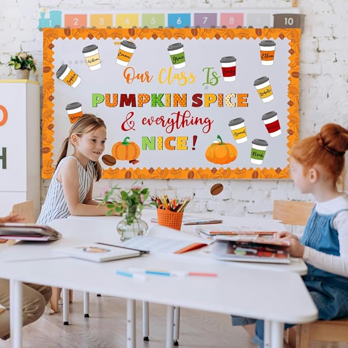Fall Coffee Cup Bulletin Board Set – “We are Pumpkin Spice and Everything Nice” Pumpkin & Coffee Cutouts for Autumn Classroom Décor, Thanksgiving, Halloween and Fall Bulletin Board Display