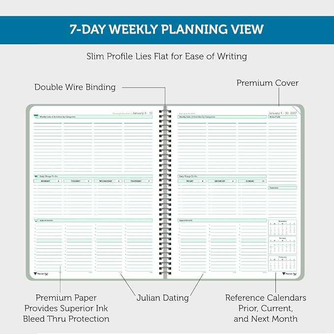 Planner Pad Spiral Bound January-December 2027/ Calender Year 8 1/2" x 11" Large 3-Tier Funnel Down 12 Month Organizer, Greenish Grey Cover/Soft Green Ink