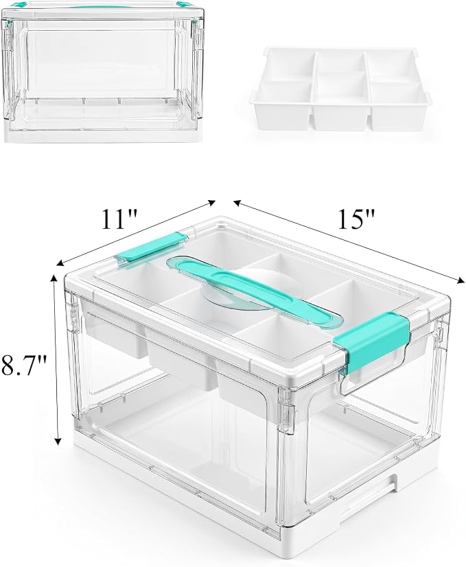 Tebery 2 Tier Plastic Craft Storage Organizer, Clear Foldable Arts Supply Container Box with Adjustable Dividers, Portable Sewing Tools Bin with Lids and Handle for Home, Office, Travel