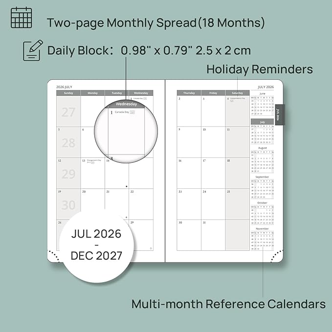 POPRUN Pocket Monthly Planner 2026-2027 (Pocket- 4''x 6.25''Soft Leather Cover) - 18 Month Calendar Book for Purse (Jul.2026-Dec.2027), 100 GSM Thick Paper - Pacific Green