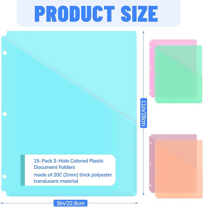 15 Pack 3 Hole Punch Colored Plastic Document Folders, Poly Translucent Slash File Jackets, US Letter/A4 Size 20C (2mm) Clear Pocket File Folders, Copy Safe Plastic Document Sleeves
