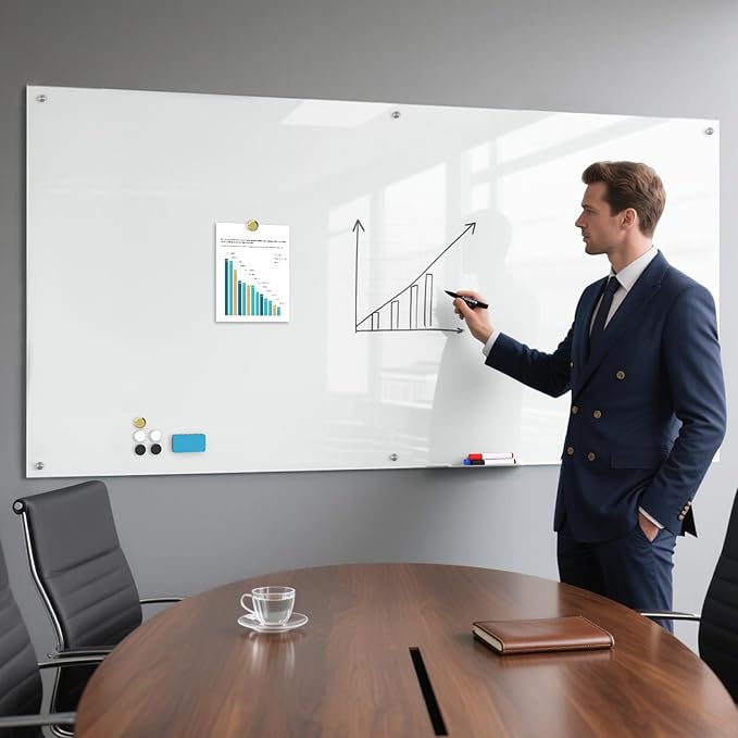 0.4mm Reinforced Metal Backing Glass White Board for Wall, 96" x 48" Extra Large Magnetic Pure White Tempered Glass Board with Frameless Design, 8' x 4' Dry Erase Board for Home, Office