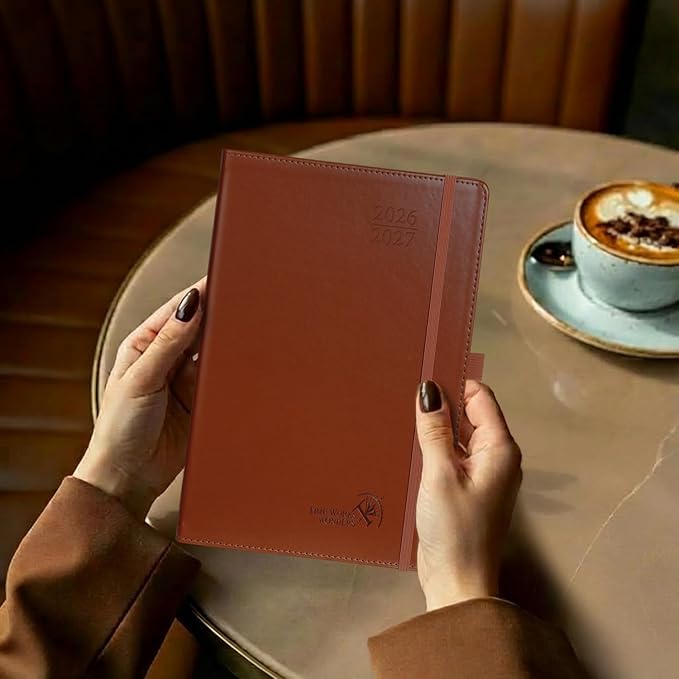 POPRUN Daily Planner 2026-2027 One Page per Day, (A5 Size 5.7" x 8.5") Academic Planner (July 2026 - June 2027) Hourly Appointment Book with Vegan Leather Hardcover, Monthly Tabs & Inner-pocket - Brown