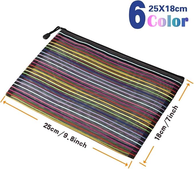 Zipper Mesh Pouch, 6 Pcs 6 Colors 9.8"x 7" Document Bag Zipper File Bags Storage Pouch for Travel Cosmetics Makeup, Offices Supplies, Travel Accessories