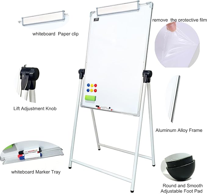 Upgraded A-Frame Whiteboard, 24 * 36‘’，360° Double-Sided Magnetic Dry Erase Board, Height Adjustable Standing Easel with Smooth Non-Slip Base for Home, Office, Classroom, Drawing