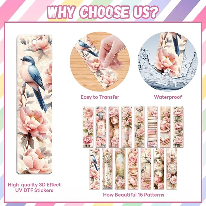 Peacoblue 30pcs UV DTF Bookmarks Transfer Stickers Wraps Pink Retro Flowers for Women Men Reading, Waterproof Bookmarkers Decal(No Blank Bookmarks) for Acrylic Plastic Metal Blank Bookmark