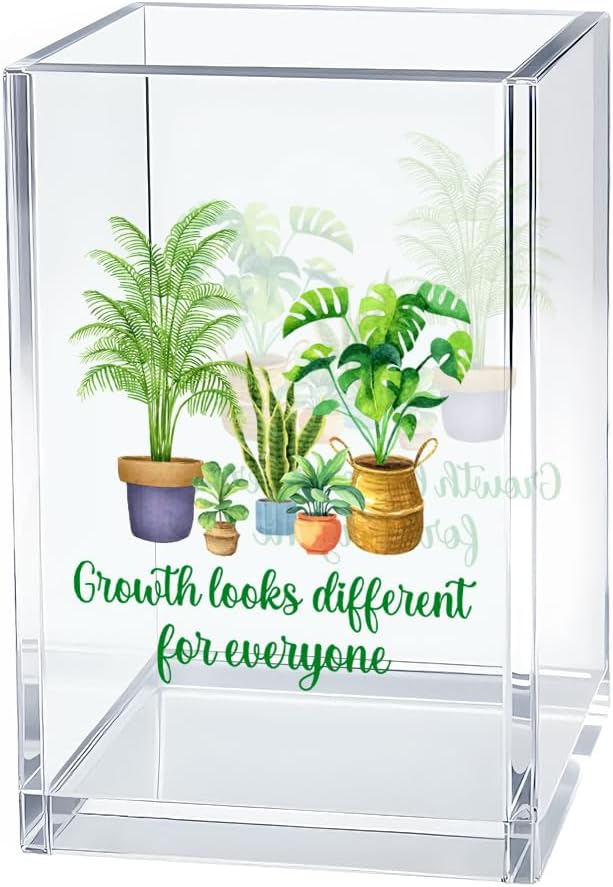 Growth Looks Different for Everyone Acrylic Pen Holder Cosmetic Organizer, Funny Potted Pencil Holders for Desk, Desk Accessories Office Gifts for Special Education Teacher Plant Lover Therapy