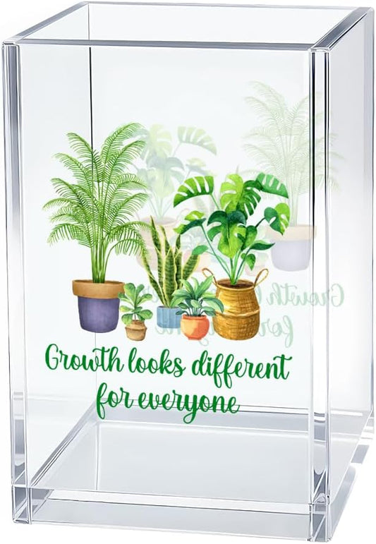 Growth Looks Different for Everyone Acrylic Pen Holder Cosmetic Organizer, Funny Potted Pencil Holders for Desk, Desk Accessories Office Gifts for Special Education Teacher Plant Lover Therapy