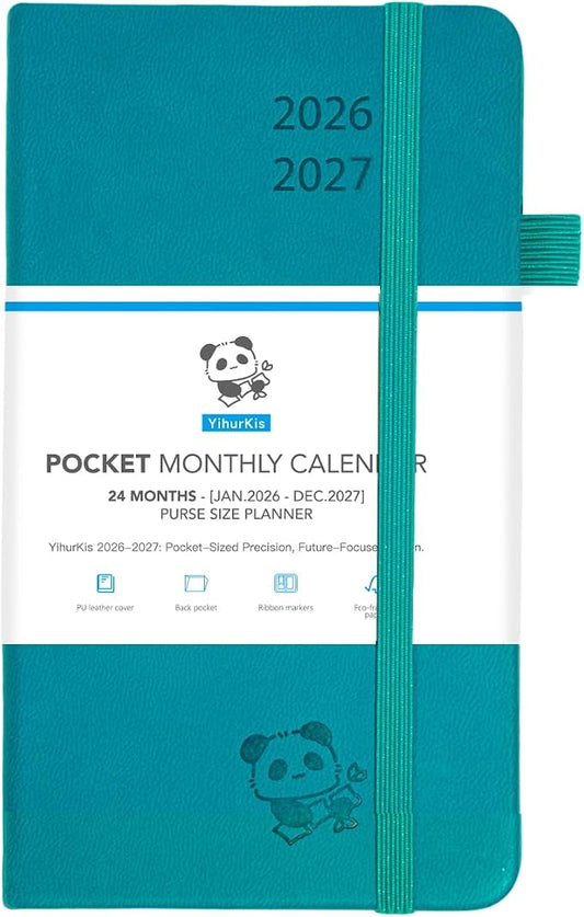 Pocket Monthly Planner 2026-2027 by YihurKis - 2 Year Pocket Monthly Calendar (Jan.2026 - Dec.2027), 4 Page Per Month with Expense Pages 3.5" x 6", Leather Hard Cover, 100GSM Thick Paper - Blue
