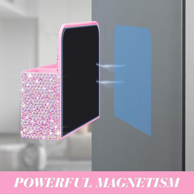 Bling Magnetic Marker Holder for Whiteboard Pen Holder for Women Girls Sparkly Gift Desk Organizer with Glitter Rhinestones for Christmas School Office Supplies (Pink)