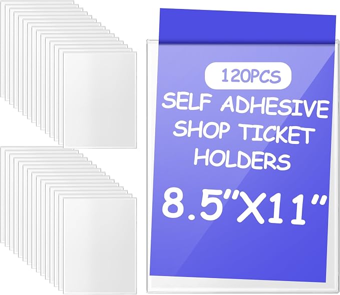Outus 120 Pcs Self Adhesive Shop Ticket Holders Clear Plastic Sleeves Adhesive Pockets Work Order Job Ticket Holders for Back to School Student Label Home Office Posting Signs (9 x 12 Inch)