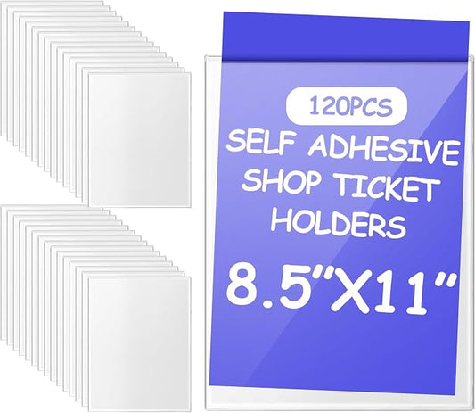 Outus 120 Pcs Self Adhesive Shop Ticket Holders Clear Plastic Sleeves Adhesive Pockets Work Order Job Ticket Holders for Back to School Student Label Home Office Posting Signs (9 x 12 Inch)