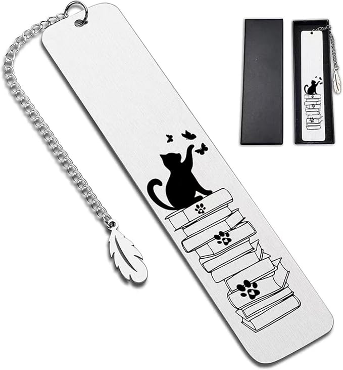 Cat Bookmark for Book Lovers, Gifts for Women Men - Stainless Steel Metal Book Mark with Feather Charm & Gift Box for Cat Mom, Readers, Friends, Christmas & Birthdays