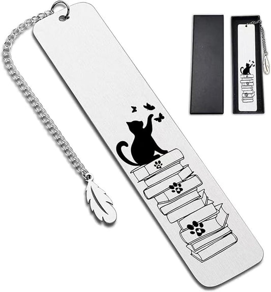 Cat Bookmark for Book Lovers, Gifts for Women Men - Stainless Steel Metal Book Mark with Feather Charm & Gift Box for Cat Mom, Readers, Friends, Christmas & Birthdays