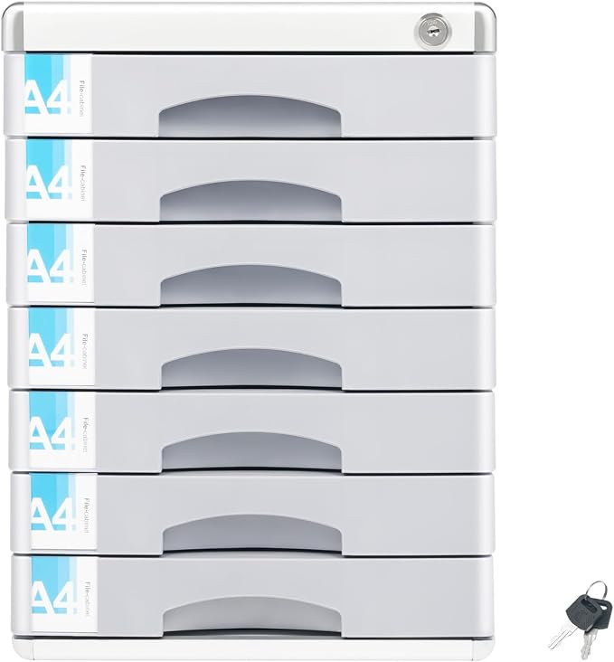 Desk Organizer with 7 Drawers, Documents Organizer with Lock, Office Supplies Desktop Filing Cabinet, A4 File Storage Holder, Stackable Storage Box for Jewelry/Bill/Paper/Documents