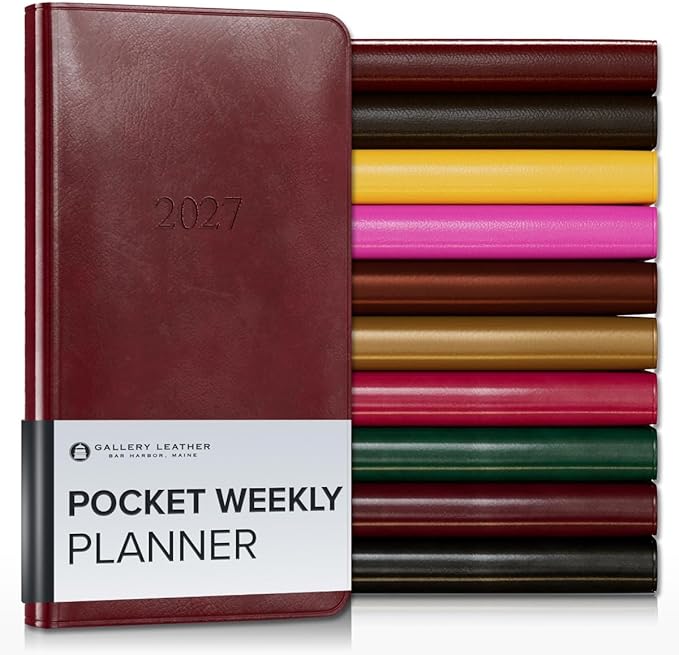 Gallery Leather Pocket Weekly Monthly Planner 2027, Elegantly Bound Calendar Planner and Notebook with Stylish Gold-Gilded Page Edges, 12 Months - Acadia Deep Red - 6x3.25"