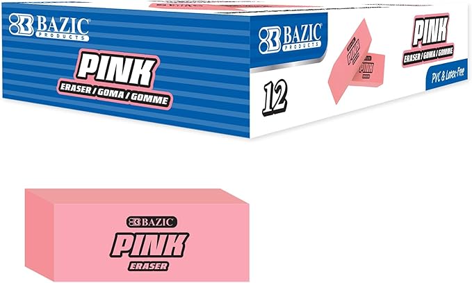 BAZIC Products Pink Eraser, Latex Free Bevel Block Erasers, Large Size for Classroom, Office, and Art Use, Smooth Pencil Correction for Writing, Sketching, & Daily Tasks, 12/Pack, 1-Pack