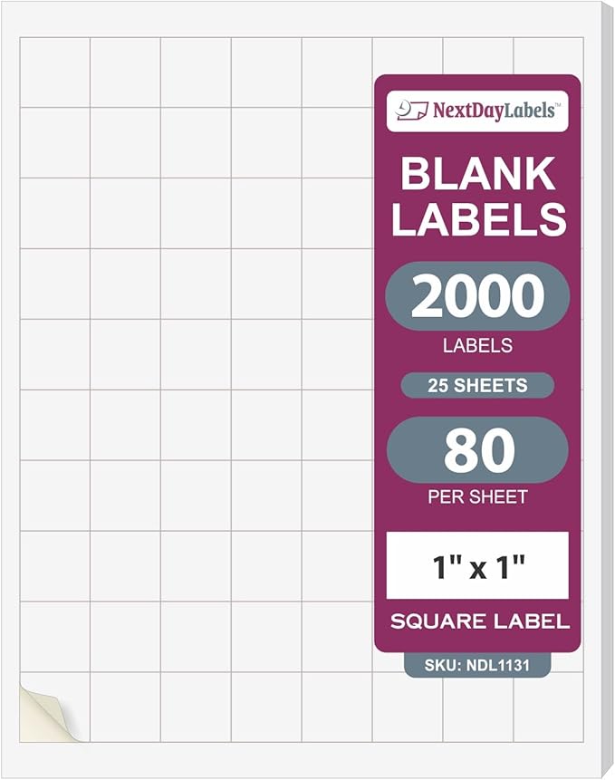 NextDayLabels 1x1 Inch Square Stickers White Blank Labels for Laser Inkjet Printer - 80 Per Sheet Self-Adhesive Color Coding Inventory Barcode Made in USA - 2000 Labels