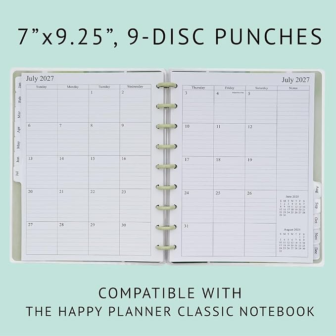2027 Weekly Planner Refills for Happy Planner Classic Notebook - 9 Discs Punched, Two Pages Per Week, Jan 2027 to Dec 2027, 7" x 9-1/4"
