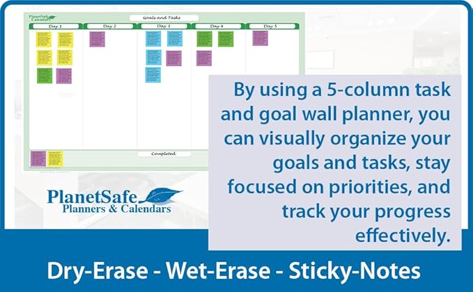 Earth Green 5-Column Dry-Erasable Task, Goals & Objectives Wall Organizer Planner 48" wide x 32" tall - Vertical. Complete with Marker and Eraser
