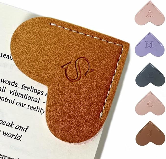 Personalized Leather Book Marks, Heart Bookmark, Unique Cute Handmade Letter Bookmarks Accessories for Reading Women, Teacher, Student, Book Lovers Book Mark Gifts (Brown, S)