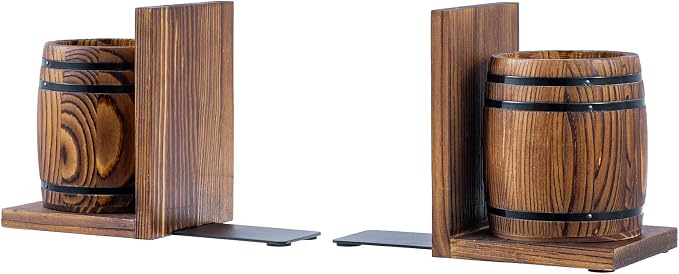 MyGift Wood Decorative Bookends with Pencil Holder, Office Desk Books Ends and Pen Holders as Vintage Wooden Barrels, Heavy Duty Bookends for Shelves, Rustic Burnt Brown Wine Barrel Design,1 Pair