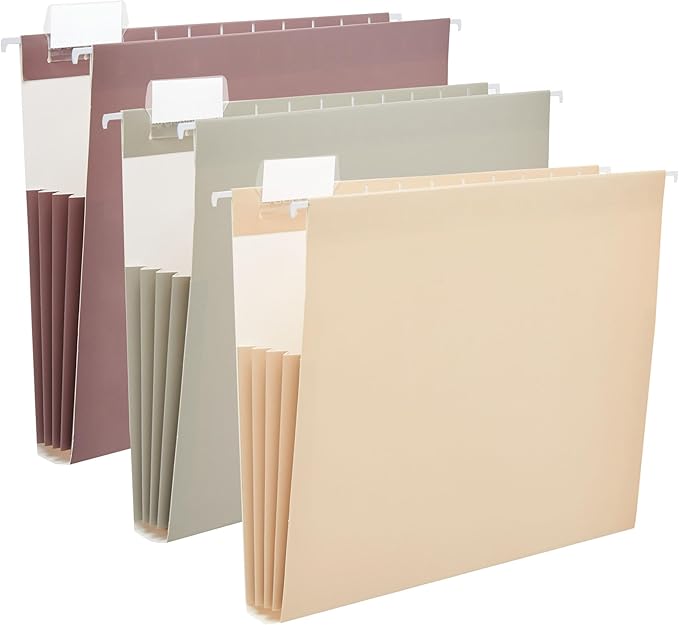 6 Pack Extra Capacity Hanging File Folders Letter Size, Reinforced Expandable Folders with 1/5-Cut Tabs for Filing Cabinets, Durable Office & Home Organizer, Earthy Colors
