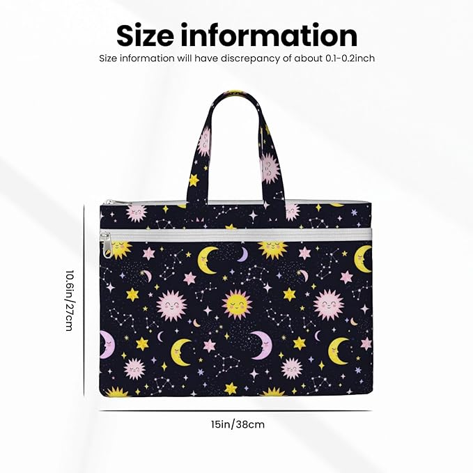 Lightweight Canvas Zippered File Bag Space Galaxy Constellation Sun Moon Stars Pattern, Waterproof Document Pouch with Handle for Office Business Travel