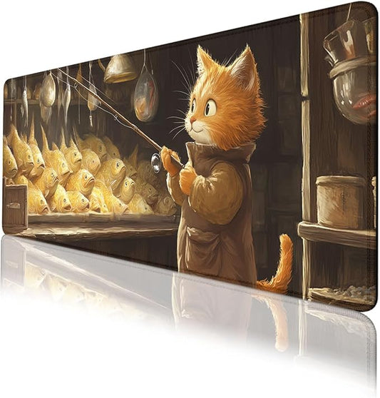 Cute Cat Gaming Mouse Pad Desk Pad Fishing Cartoon Golden Fish XL Mousepad Large Mousepad Extended Laptop Keyboard Mat Gaming Desk Pad Mouse Mat Office Computer Keyboard 31.5"x11.8"
