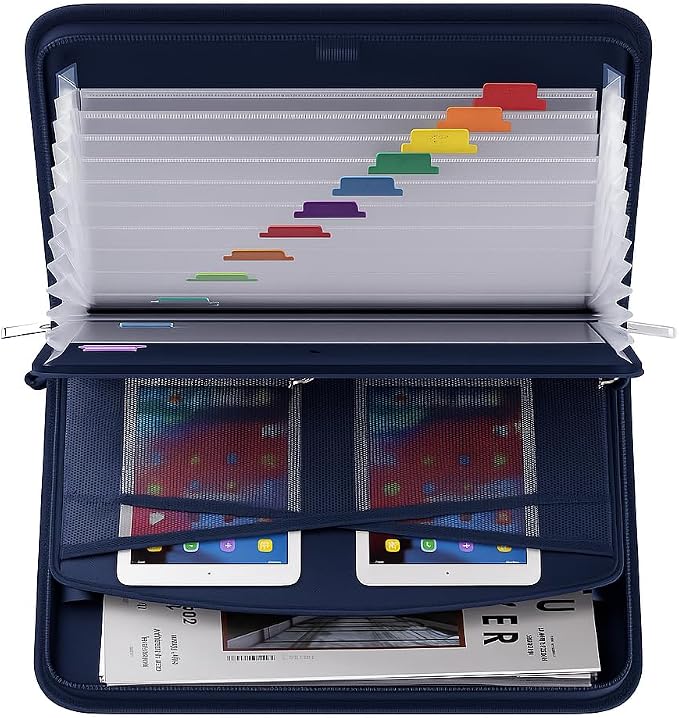 Fireproof & Waterproof Accordion File Organizer – Fireproof File Folder with Handle, 13-Pocket Expanding Paperwork Organizer for A4/Letter Documents, Travel File Storage (Blue)