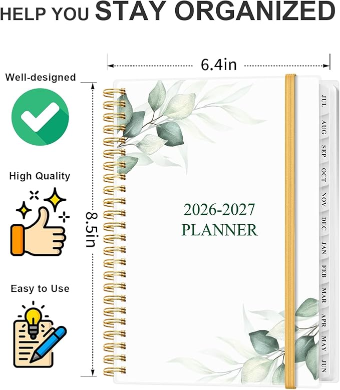 Academic Planner 2026-2027 - Weekly & Monthly Planner from July 2026 to June 2027, Agenda 2026 2027 with Inner Pocket, Elastic Band, 6.4" x 8.5", Green Leaf