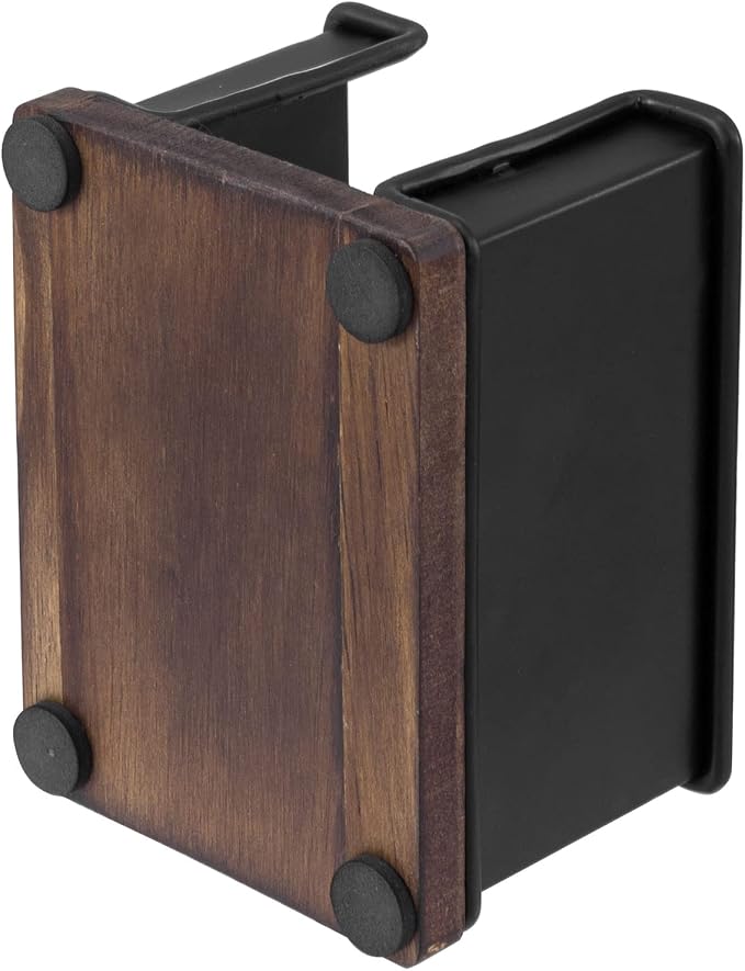 MyGift Modern Industrial Matte Black Metal Office Stationery Organizer with Sticky Note Holder, 2 Pen Storage Compartments and Rustic Burnt Solid Wood Base