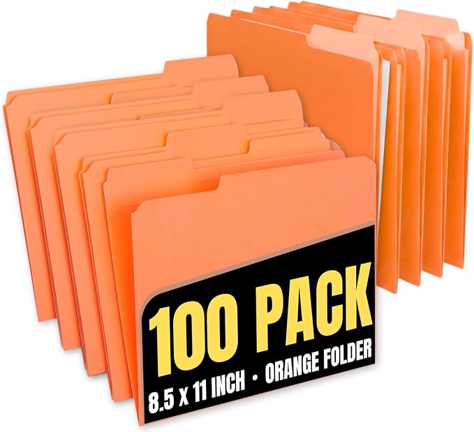 1InTheOffice Orange Folder, Orange File Folders, Durable Folder, File Folder Letter Size, 1/3 Cut Assorted Tab, 100 pcs (100)