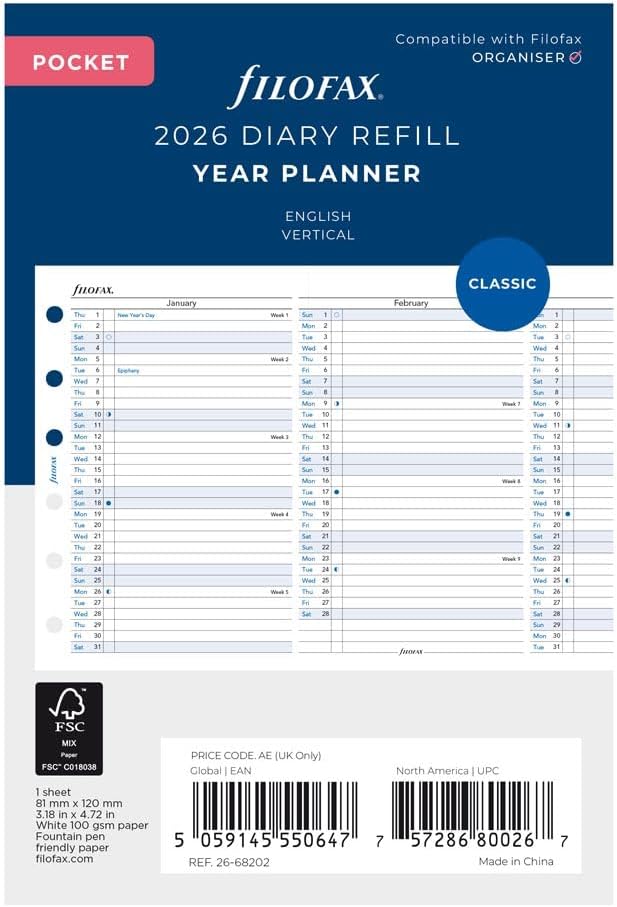 Filofax Calendar Diary Refill, Pocket Size, Vertical Year Planner, White Paper, English, 2026 (C68202-26)
