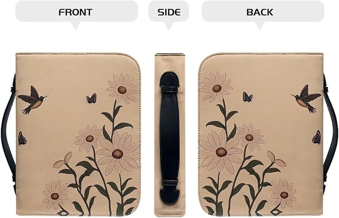 Leather Large Bible Cover with Bookmark，Carrying Book Case Church Bag Bible Protective w/Pen Slots and Zippered Pocket,Gift for Women,Daisy Bird,Large