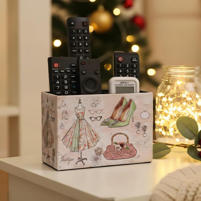Decorative Remote Control Holder, Leather TV Remoter Caddy Storage Box Desktop Organizer Makeup Brush Pen Holder Storage Fits TV Remotes, Media Controllers, Office Supplies (Vintage Dress Pattern)