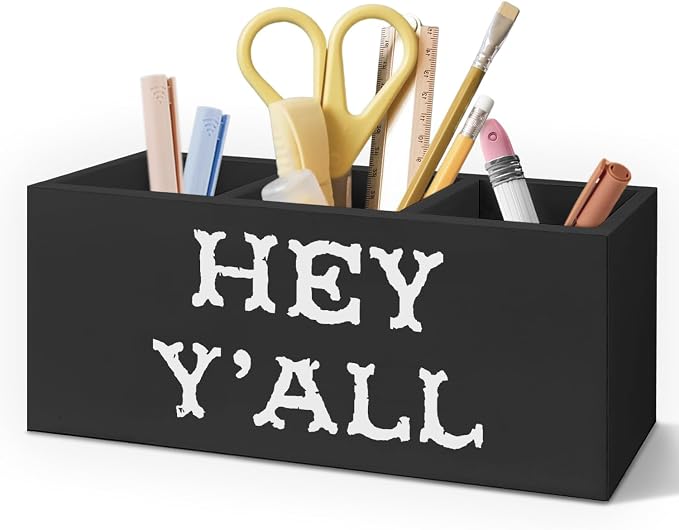 Western Office Decor Wooden Pen Pencil Holder for Desk Accessories, Western Gifts for Women Men, Retro Hey Y'all Wood Southwestern Makeup Brush Toothbrush Holder Organizer for Vanity Bathroom