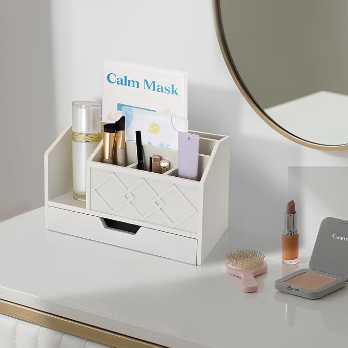 White Wooden Mail Organizer with Drawer, Three Tiered Desk Accessories for Office Organization and Storage, Stylish Countertop Document Storage, Home/Office/Classroom Supplies (White02)
