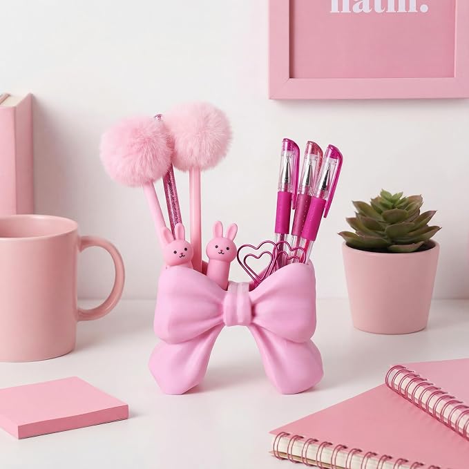 Marspark Cute Bow Pen Holder for Desk, Decorative Pencil Holder Organizer, Aesthetic Pink Desk Accessories for Office, Vanity, Back to School Supplies for Students