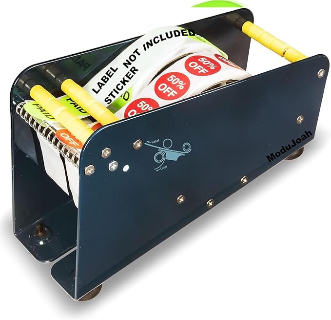 MDJ by Excell Manual Metal Label Sticker Dispenser with 4 Suction Cups Base for Tabletop, Adjustable Holder for Multiple Rolls for Office, Home, Warehouse, Easy Peel Off, Fits up to 3" Wide Labels