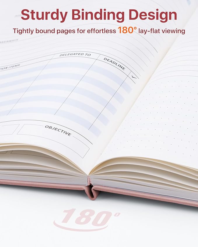 WEMATE Meeting Notebook for Work, Work Planner Notebook With Action Items, B5 Size Project Planner, Easily Take Meeting Notes & Keep Agendas on Track, Calender, Index Page, Inner Pocket, 7×10 Inch, Pink
