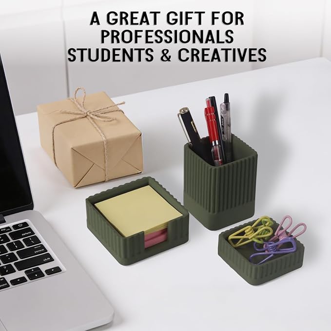 Desk Organizer Set of 3 for Office Accessories - Includes Pen Holder, Paperclip Storage, and Sticky Note Holder - Aesthetic Concrete Desktop Accessories for Women or Men, Office Decor (Green)