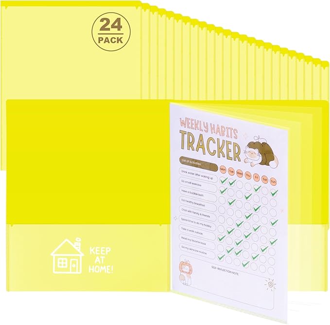 24 Pcs Back to School Take Home Folders for Elementary Students 2 Pocket Folders with Clear Front Pocket 4 Inner Pockets Plastic Parent Teacher Communication Folder 11.81 x 9.45 Inch (Yellow)