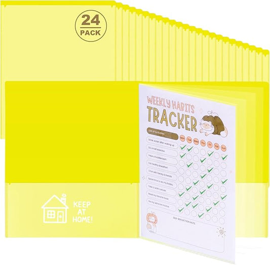 24 Pcs Back to School Take Home Folders for Elementary Students 2 Pocket Folders with Clear Front Pocket 4 Inner Pockets Plastic Parent Teacher Communication Folder 11.81 x 9.45 Inch (Yellow)