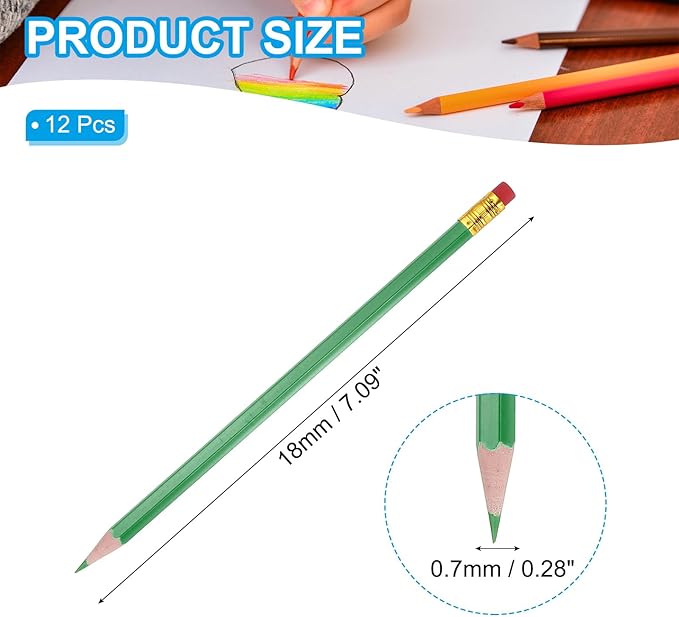 PATIKIL Erasable Colored Pencils, 12 Pcs Oil Color Pencils with Erasers Hexagonal Rod Wooden Colored Pencils for Tests Marking Grading Art Painting, Green