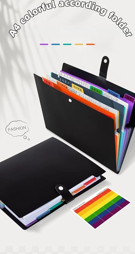 Black Accordion File Folder 8 Pockets Expanding File Organize with Labels,A4 Letter Size Paper Document Receipt Organizer Accordion Filing Folder for Classroom,Home,Office