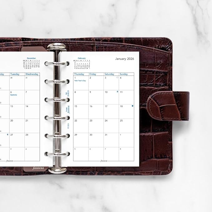 Filofax Calendar Diary Refill, Pocket Size, 4-3/4" x 3-1/4", Month-to-View, White Paper, English, 2026 (C68210-26)