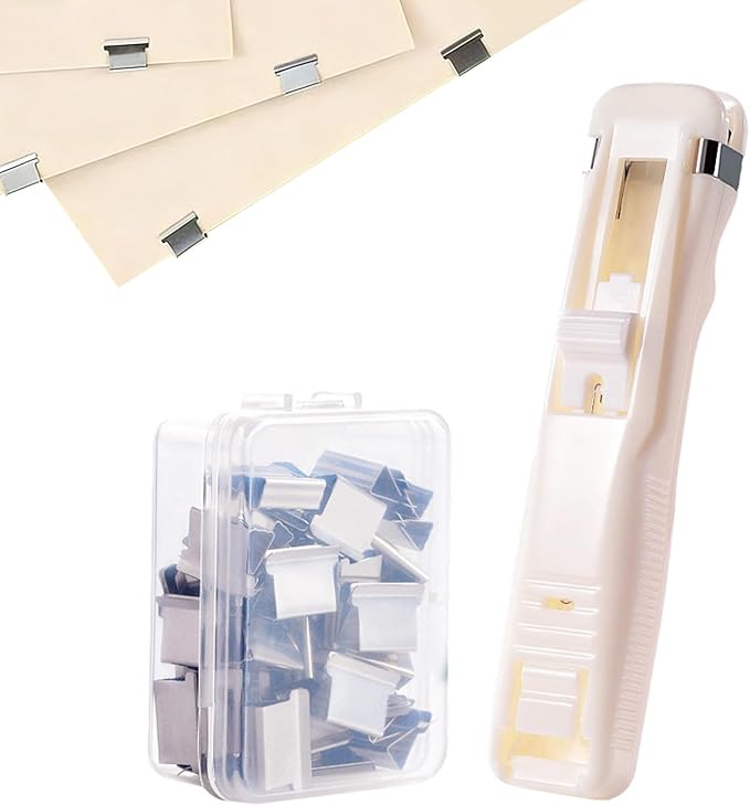 Clam Clip Dispenser - 50 Reusable Binders, Stackable Design, Punch Free Stapler, Reusable Push Stapler | Binder Clips Suitable for Home, School, Desk, and Office