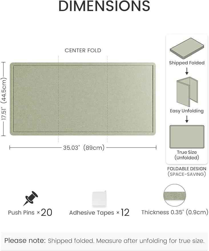 Fluxynara Bulletin Board, 35" x 17.5" Cork Board Alternative with 12 Safe Removable Adhesive Tabs, Foldable Felt Pin Board for Home Office, Classroom, Bedroom,Entryway for Walls—Sage
